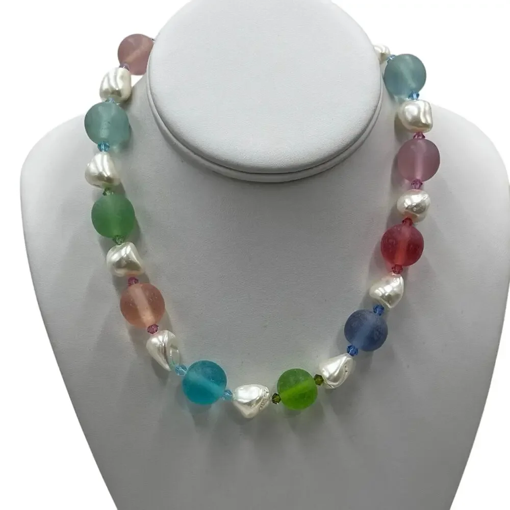 Gum Drop Candy Colored Beaded White‎ Faux Pearl Single Strand Necklace New